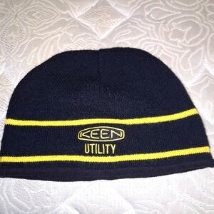Keen yellow striped black beanie. Keen Utility, winter, fall, warm, work.
